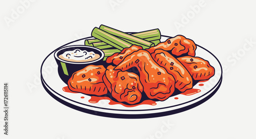 Illustration of a plate of buffalo chicken wings with celery sticks and a side of creamy dipping sauce.