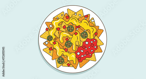 Illustration of a plate of nachos topped with melted cheese, jalapenos, diced onions, and salsa.