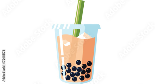 Illustration of a bubble tea drink in a clear plastic cup with tapioca pearls, ice, and a green straw.