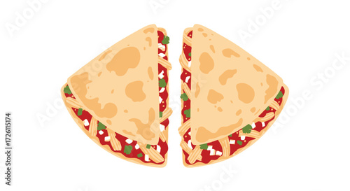 Two halves of a quesadilla filled with red sauce, cheese, and green vegetables are displayed against a white background.