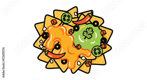 Illustration of nachos with cheese, guacamole, jalapenos, olives, and peppers on a white background.