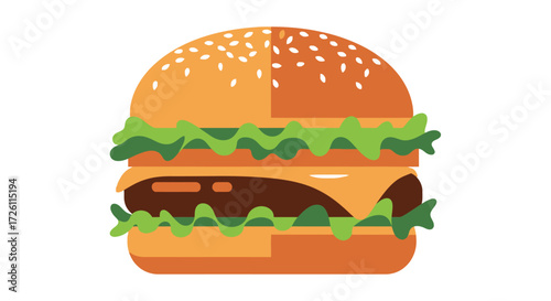 Illustration of a cheeseburger with sesame seeds, lettuce, cheese, and a patty, isolated on a white background.