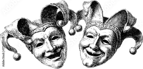 Artistic representation of comedy and tragedy theater masks in vintage sketch style