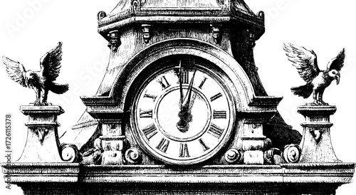 Vintage tower clock illustration with birds - perfect for retro design projects
