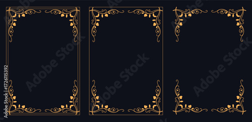 Vintage Frame Trio: An exquisite set of three antique frames with intricate golden embellishments on a deep, moody canvas. It's ideal for invoking a sense of sophistication and timeless elegance.