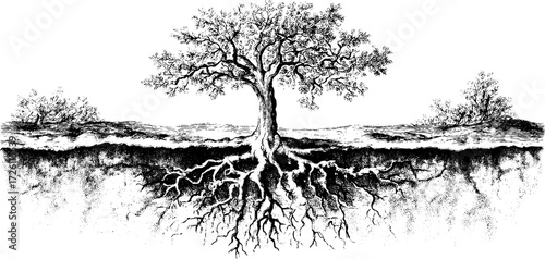 Exposed tree roots and soil depths sketch - nature and botanical design