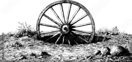 Vintage wagon wheel half buried in earth - rustic design for posters and prints