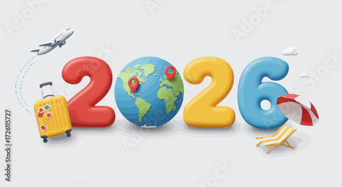 A vibrant 3D illustration depicts the year 2026 with a globe at its center, symbolizing global travel and adventure