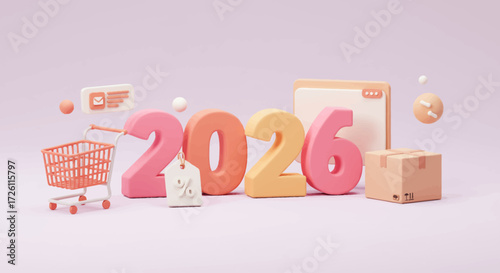 Conceptual image for the year 2026 in e-commerce, featuring a shopping cart, delivery box, and discount tag in a soft pastel palette.