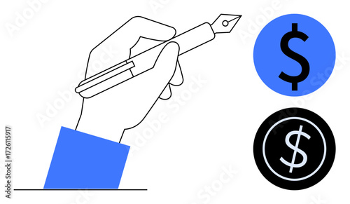 Hand gripping pen with adjacent dollar signs in blue and black circles. Ideal for creativity, writing, finance, business strategy, value creation, branding, and investment. Simple flat metaphor