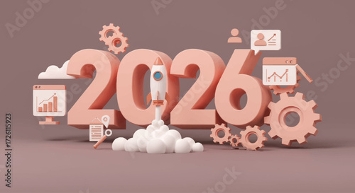 A 3D illustration of the year 2026 with a rocket launching, symbolizing growth and new beginnings, surrounded by business and technology icons.