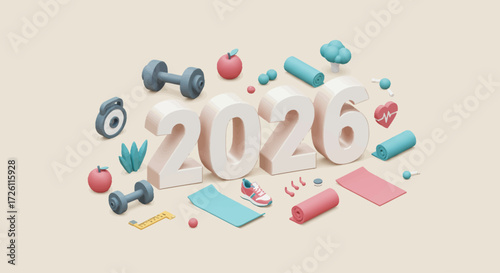 3D rendered image of the year 2026 with fitness and health-related objects.