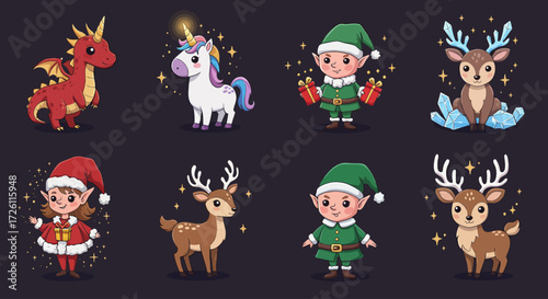 A collection of cute cartoon Christmas characters including a dragon, unicorn, elves, and reindeer on a dark background.