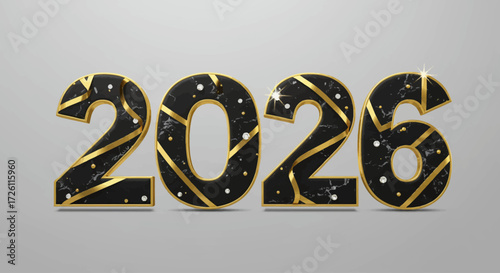Elegant 3D rendering of the year 2026, featuring a luxurious black marble design with gold accents.