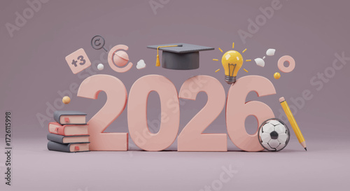 3D rendering of the year 2026 with graduation cap, books, lightbulb, and school items on a purple background.