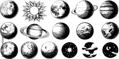 Vintage zodiac and celestial bodies sketch set for astrology and astronomy design