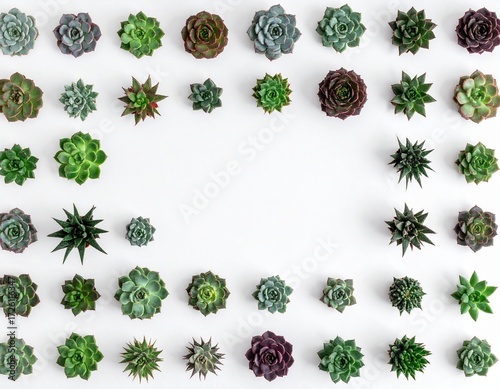 Top-down view of assorted succulents arranged in a seamless geometric pattern, white background, clean negative space, modern stock photo style