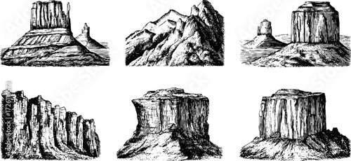 Vintage illustration set of cliffs and steep rocks in hand drawn engraving style for retro design