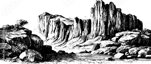 Majestic cliffs and steep rocks hand drawn landscape for nature design