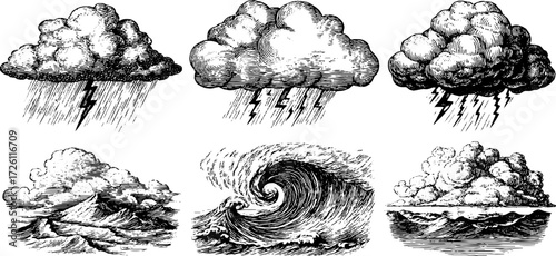 Vintage cloud and wave illustrations set for retro design projects