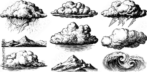 Vintage hand drawn clouds and mountain sketch set for design projects