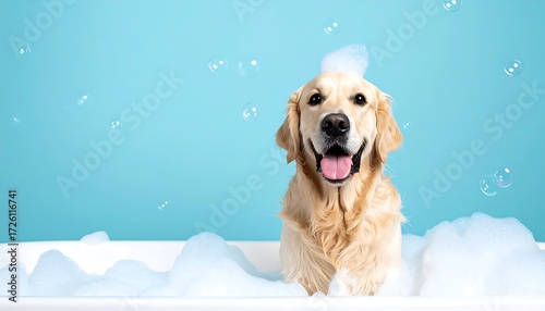 Happy golden retriever in a bubbly bath