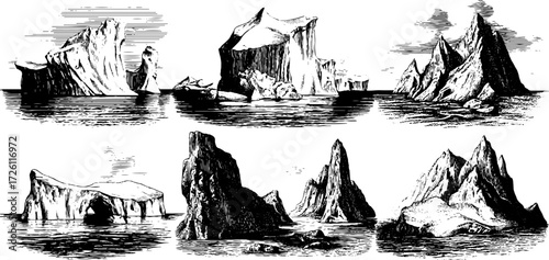 Vintage glaciers illustration set - hand drawn engravings of icebergs and arctic landscapes