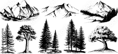 Vintage mountain and tree silhouette set for retro design projects