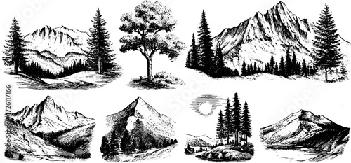 Set of vintage mountain silhouettes with trees for nature-themed designs