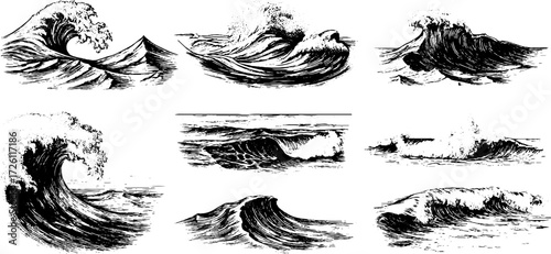 Vintage ocean waves and sea splashes set - hand drawn engraving for nautical design