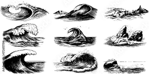 Vintage ocean wave and sea splash illustrations set for retro design use