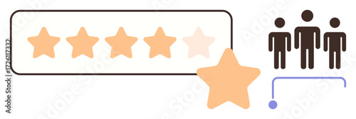 Star rating bar with five stars, one highlighted three abstract human icons connected. Ideal for evaluation, feedback, customer satisfaction, teamwork, reviews, ranking quality. Simple flat metaphor