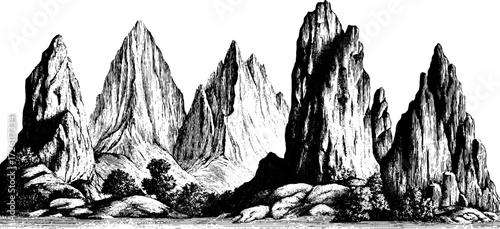 Rocky patterns and formations set: vintage hand-drawn landscape design