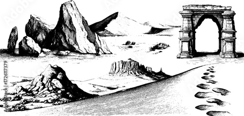 Desert landscape sketch with sand dunes, footprints, and ancient arch for retro design
