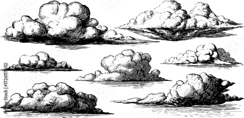 Vintage hand-drawn smoke plumes and cloudy forms illustration for design inspiration