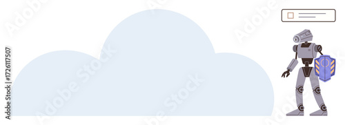 Robot holding shield near cloud represents cybersecurity, AI applications, and data protection. Ideal for technology, digital safety, artificial intelligence, cloud computing, innovation, futuristic