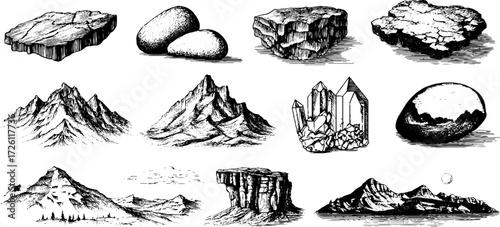 Vintage hand drawn illustration set of stone cracks and rocky patterns for design