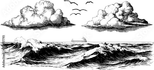 Vintage hand drawn illustration set of swirling wind, vortex, and ocean waves in retro style