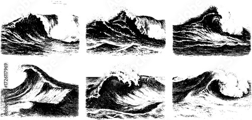 Vintage hand-drawn wave textures set for design and artistic projects