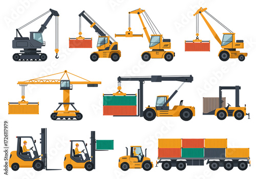 Illustrated set of shipping yard vehicles including cranes forklifts and semitruck