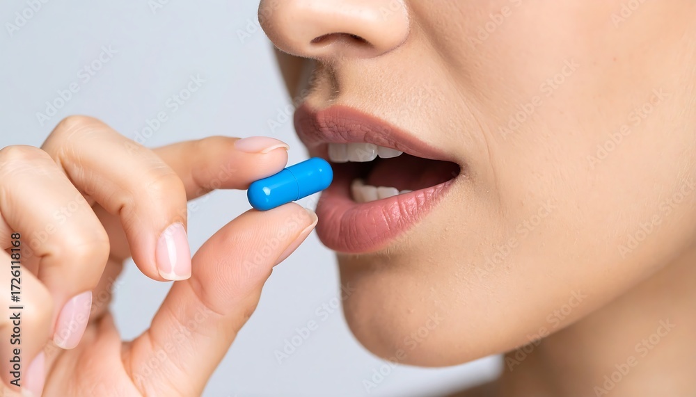Obraz premium Close-up of a person taking a blue pill
