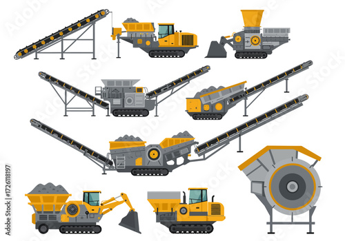 Mining machinery conveyors crushers loaders yellow gray metal on white background
