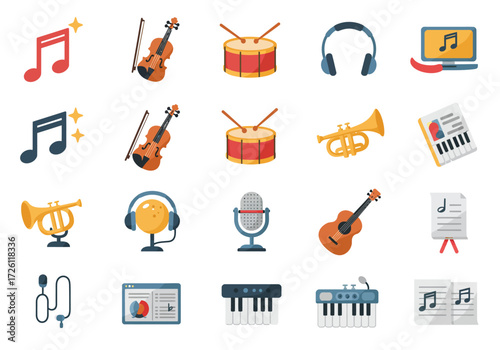 Musical instrument icons violins drums trumpets keyboards headphones guitar microphone notes a monitor and music sheets