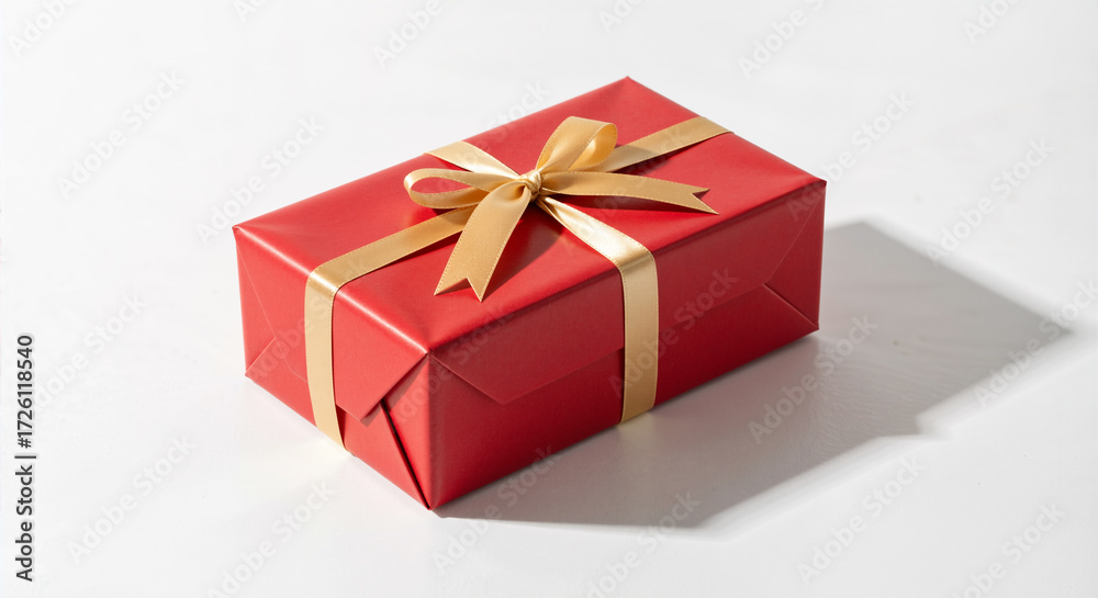 Fototapeta premium Single rectangular gift box wrapped in red paper with a golden ribbon, isolated on a clean white surface
