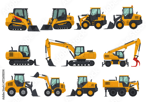 Rows of various yellow construction vehicles including excavators and loaders stand on a white background