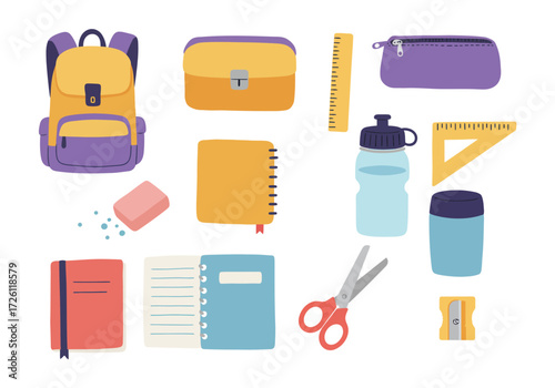 School supplies include a backpack water bottle scissors notebooks eraser ruler pencil case box sharpener