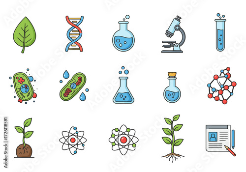 Science icons depict biology chemistry  atoms colored  outlined arranged in rows