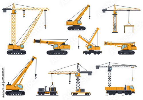 Varied collection of yellow construction cranes on a white backdrop