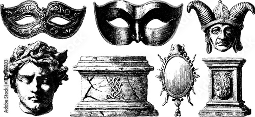 Mystical objects and archetypal masks collection design for art projects