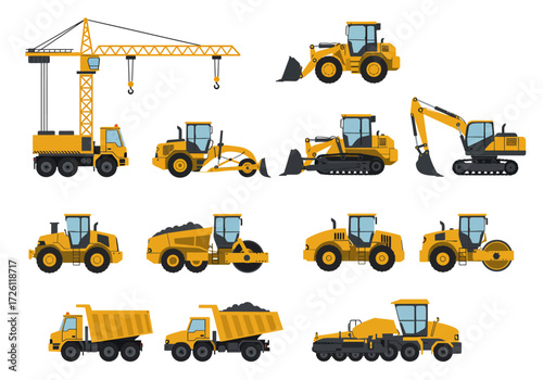 Various yellow construction vehicles are on display against a white background